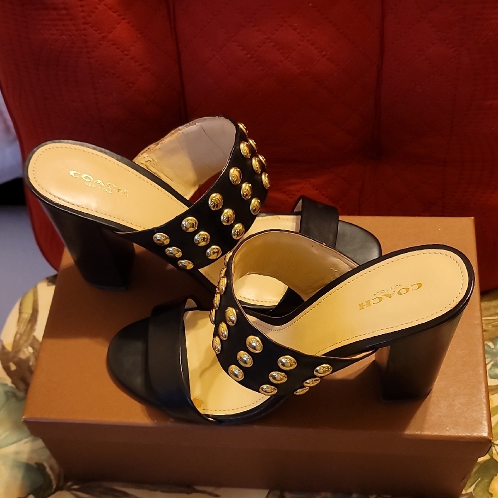 Coach Black Leather Slide Mules with Gold Studs - Picture 6 of 6